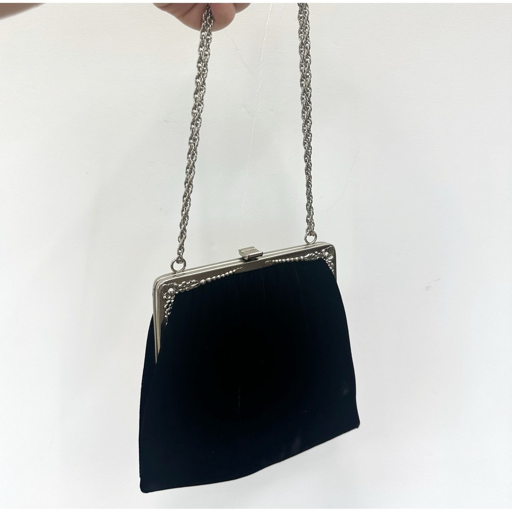Vintage Black Velvet Evening Clutch Silver Floral Accent & Chain Hinge Opening
